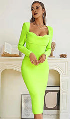 BANDAGE LONG SLEEVE MIDI DRESS IN FLUORESCENT GREEN