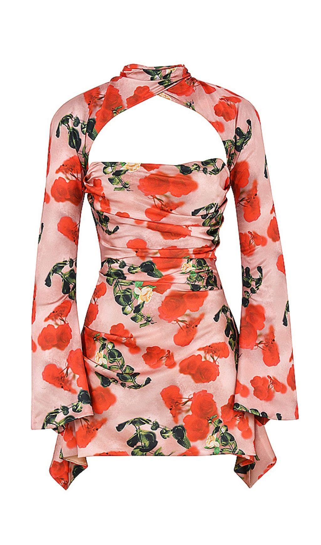 ROSE PRINT CUT OUT DRAPED MINI DRESS