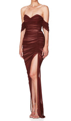 STRAPLESS BANDAGE RUCHED MAXI DRESS IN BROWN