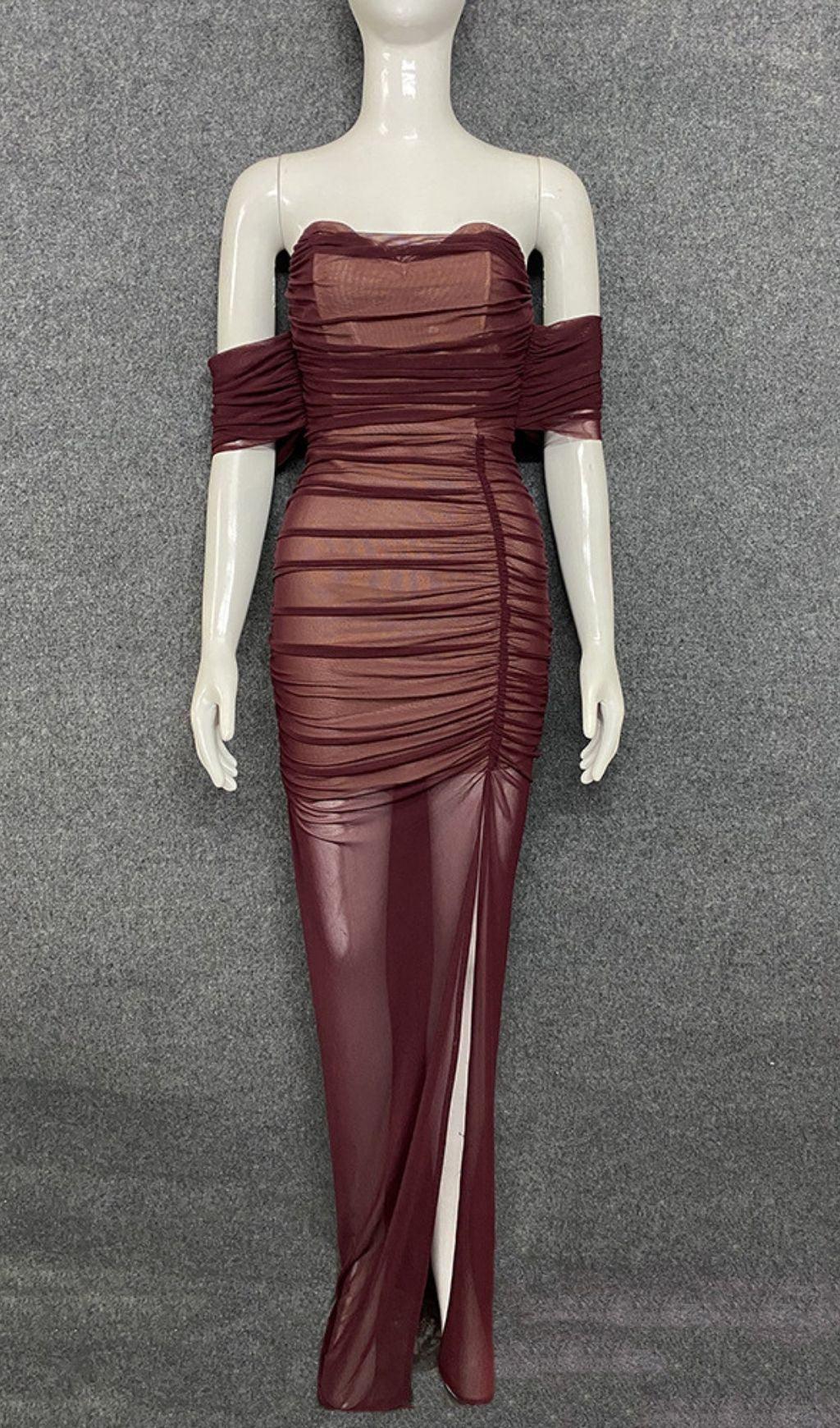 STRAPLESS BANDAGE RUCHED MAXI DRESS IN BROWN