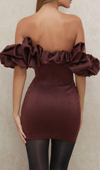 BURGUNDY SATIN RUFFLE STRAPLESS DRESS