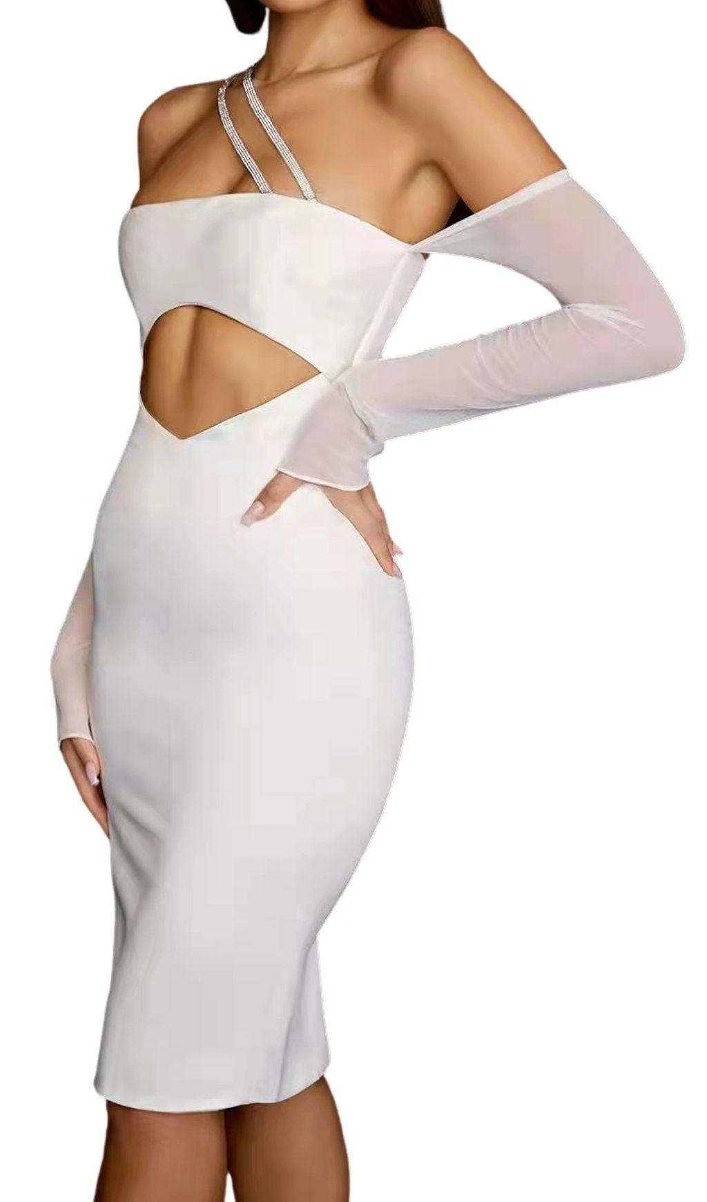 CUT OUT BODYCON MIDI DRESS IN IVORY