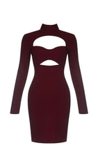 CUT OUT MESH MINI DRESS IN WINE RED