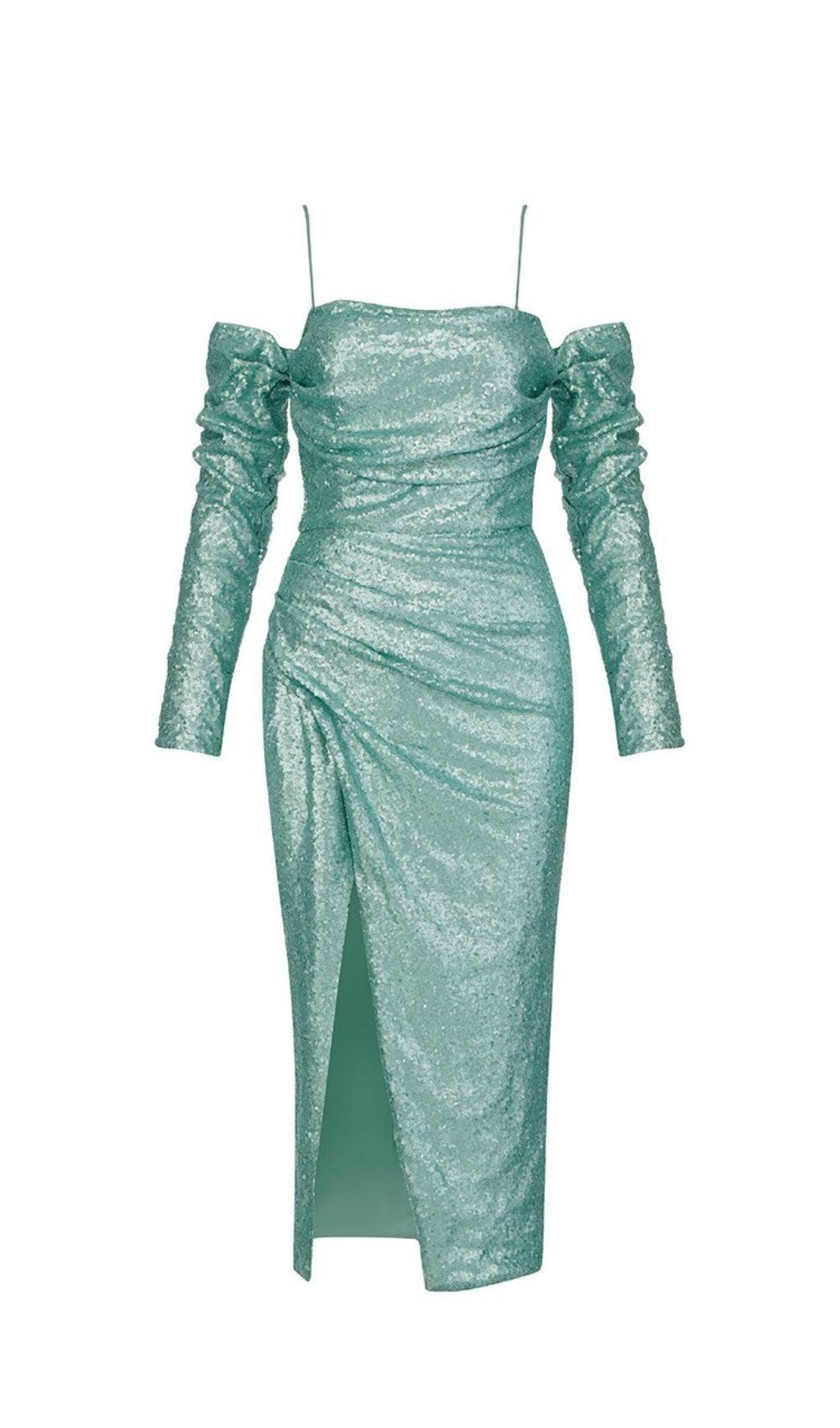 TURQUOISE SEQUIN SPLIT MIDI DRESS