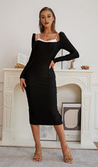 LONG SLEEVE BANDAGE MIDI DRESS IN BLACK