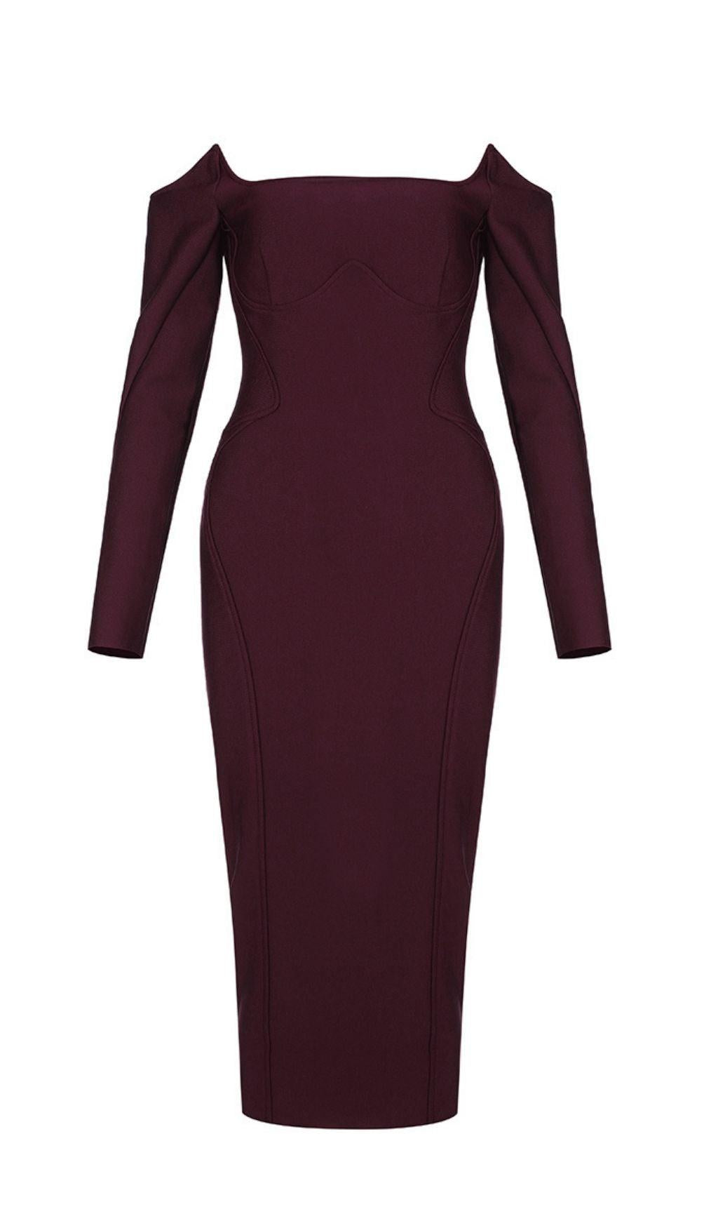 CHERRY STRAPLESS BANDAGE MIDI DRESS