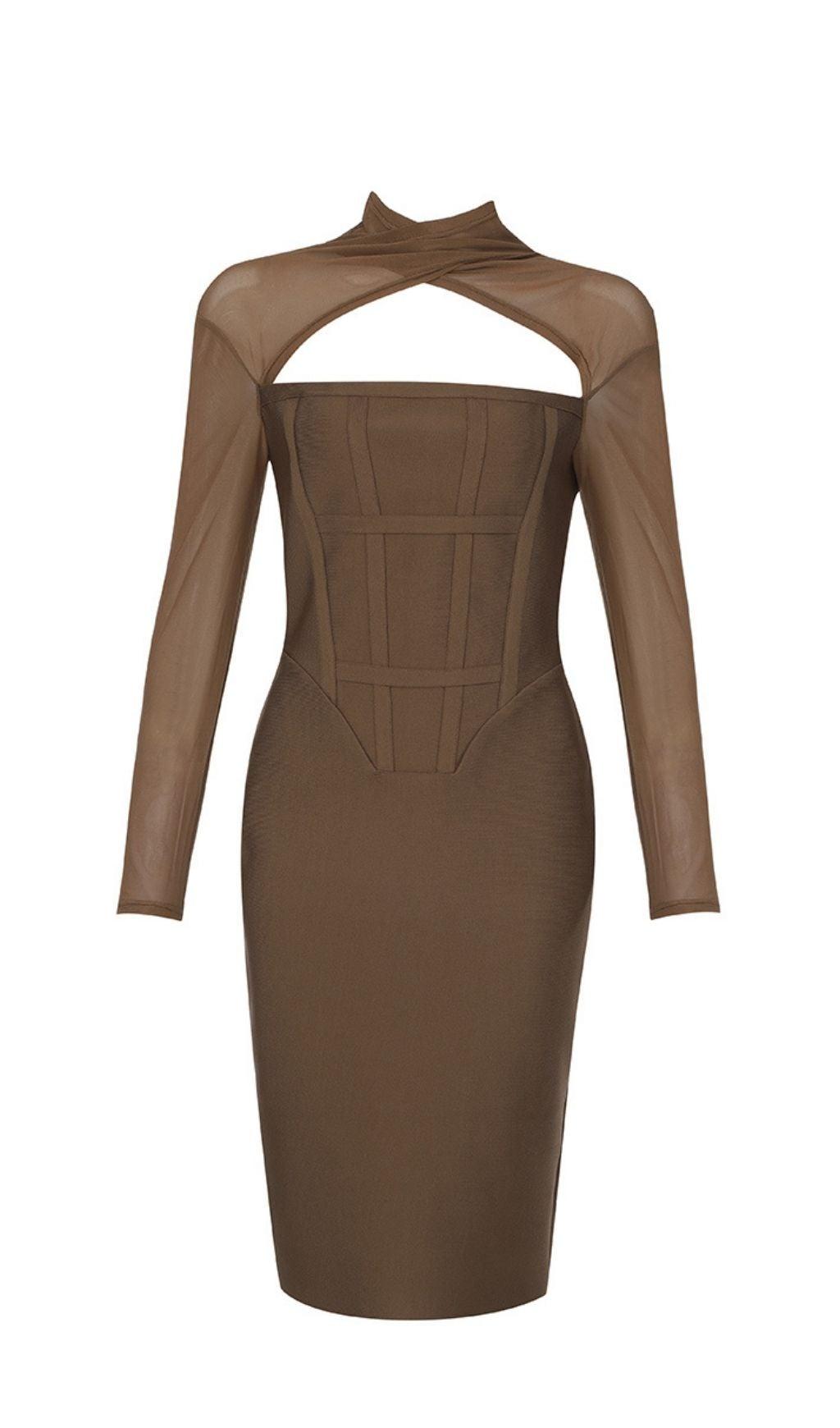 TAWNY YARN SLEEVE BANDAGE MIDI DRESS