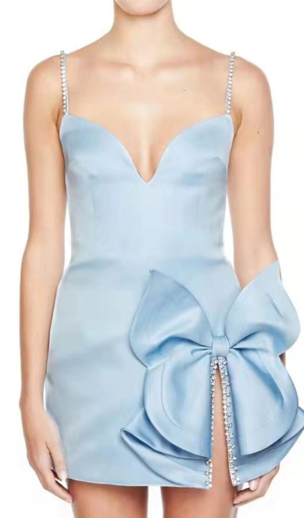 CRYSTAL BOW MINI DRESS IN BABY BLUE