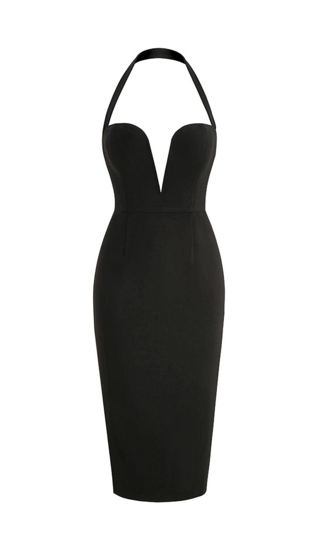 BLACK HALTER MIDI DRESS