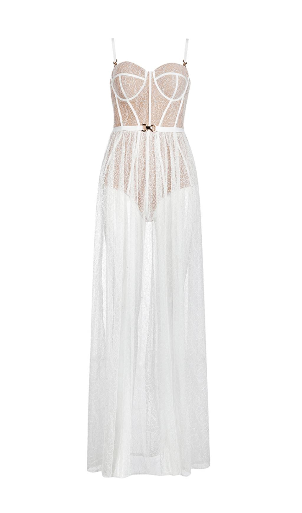 WHITE  LACE STITCHING  MAXI DRESS