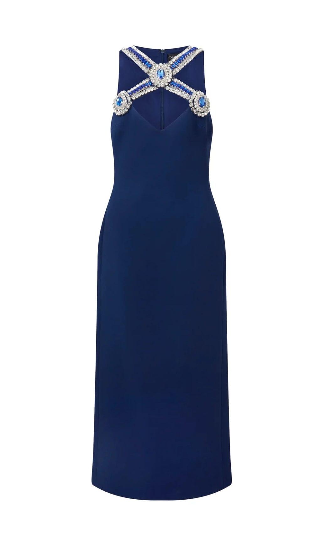 HALTER CRYSTAL MIDI DRESS IN DEEP SEA BLUE