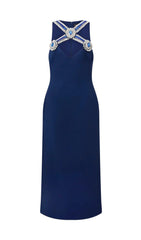 HALTER CRYSTAL MIDI DRESS IN DEEP SEA BLUE