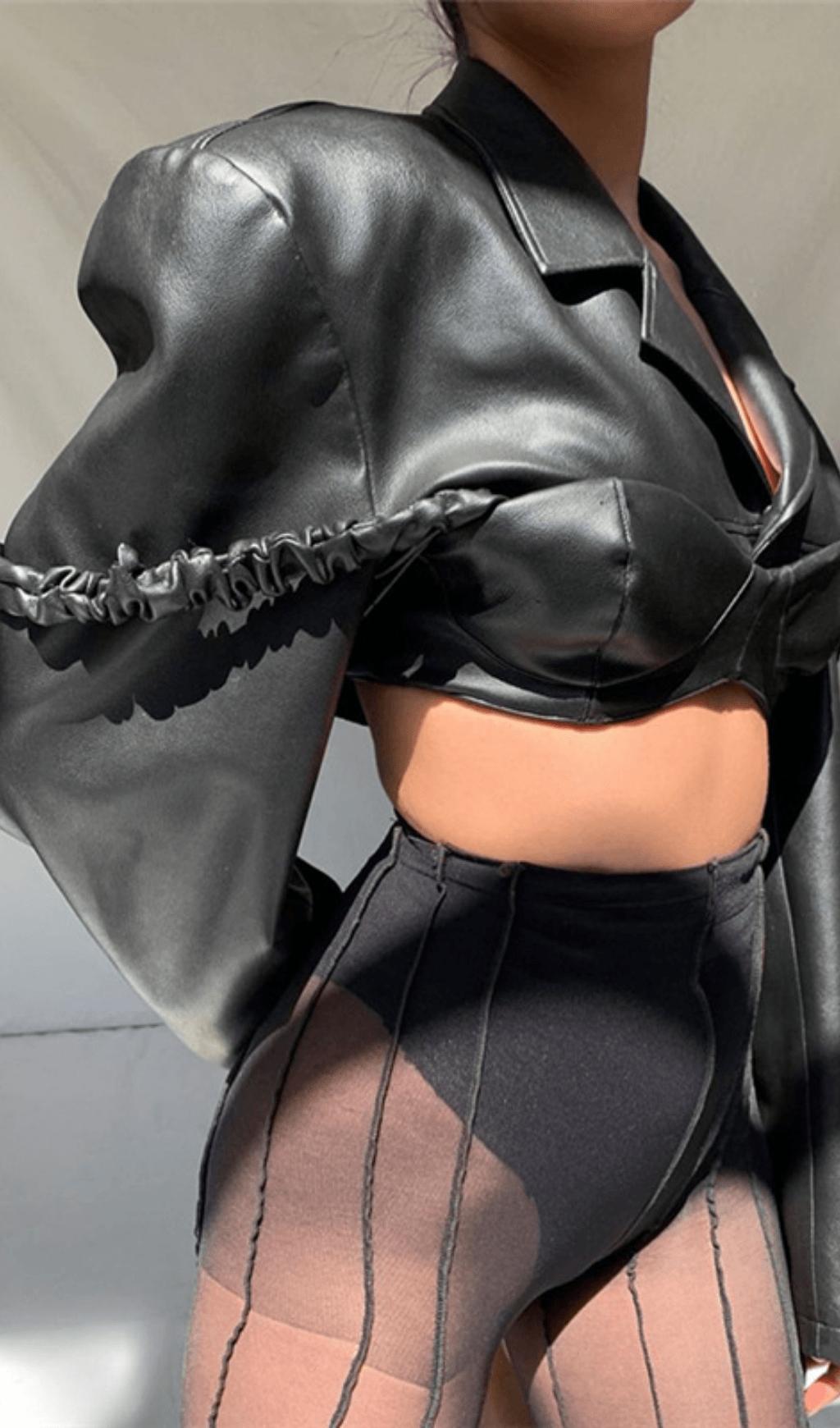 Lapel Navel Crop PU Leather Top Suit