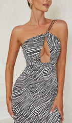 ZEBRA LINEN FEEL HALTER MIDI DRESS