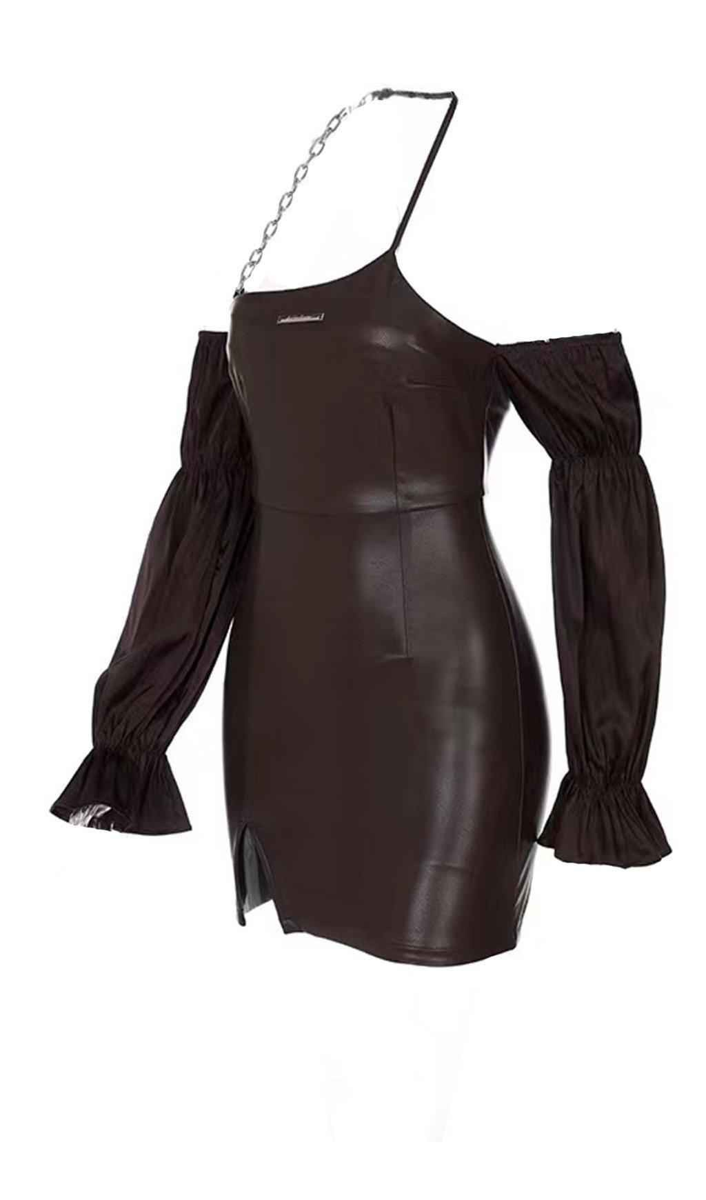 Puff leather sleeve dress