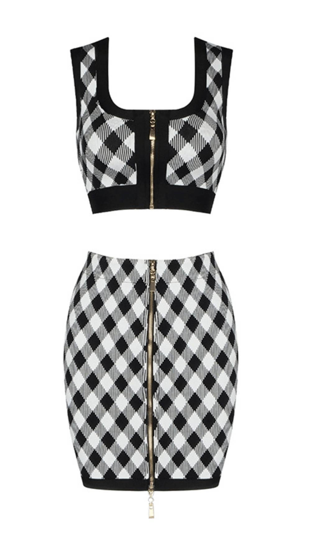 Geometric pattern skirt suit