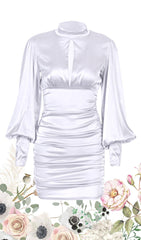 WHITE SATIN HIGH NECKED DRAPED DRESS