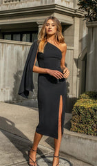 FASHION  BLACK OBLIQUE SHOULDER DRESSS