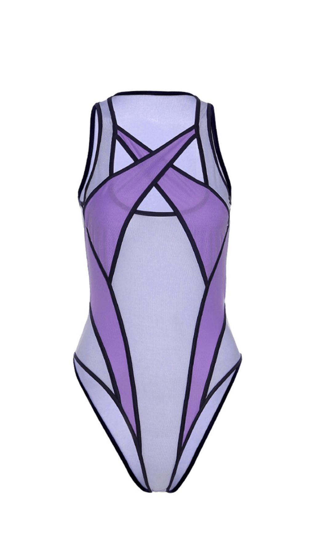 Purple Contrast panel mesh bodysuit.