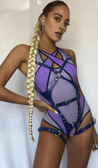 Purple Contrast panel mesh bodysuit.