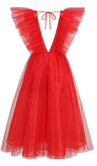FEATHER V-NECK NET MIDI DRESS IN  MAHOGANY