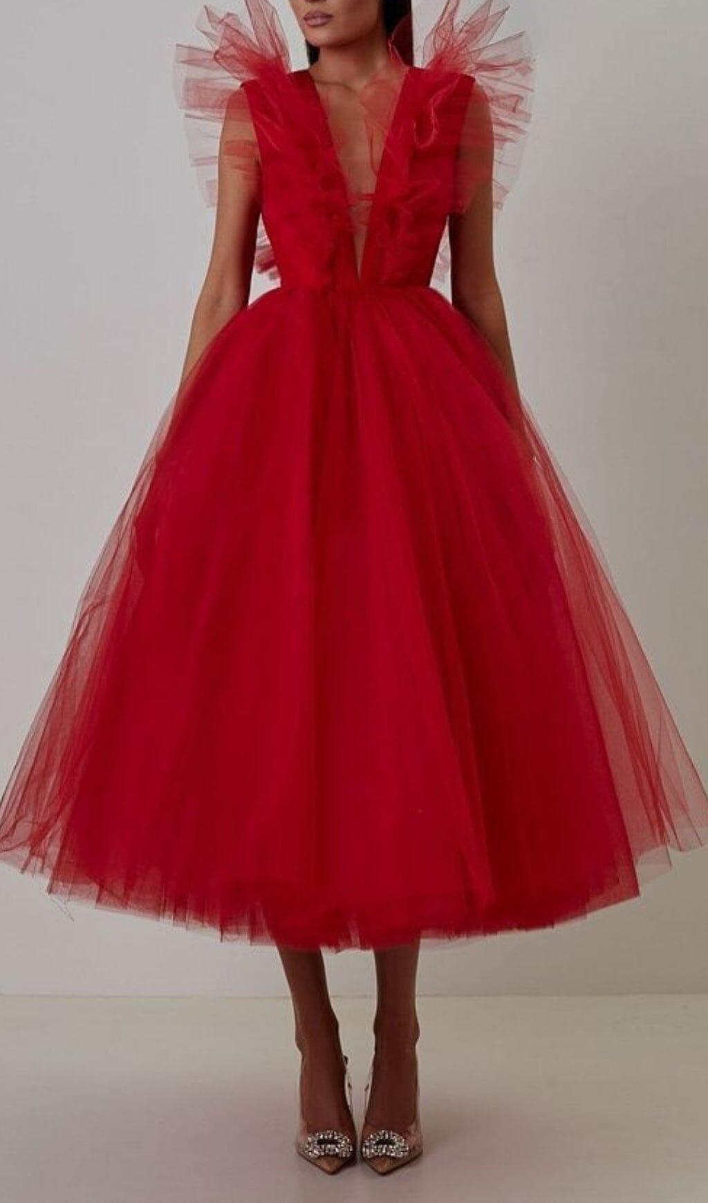 FEATHER V-NECK NET MIDI DRESS IN  MAHOGANY