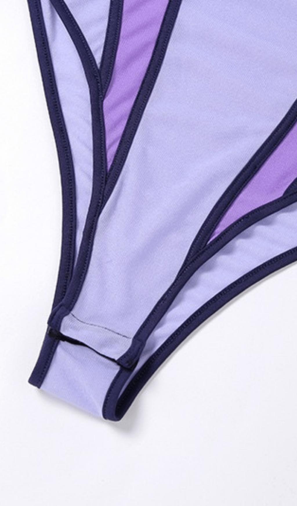 Purple Contrast panel mesh bodysuit.