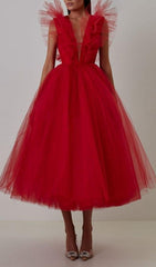 FEATHER V-NECK NET MIDI DRESS IN  MAHOGANY