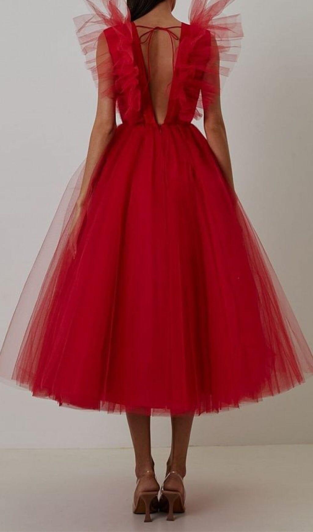 FEATHER V-NECK NET MIDI DRESS IN  MAHOGANY
