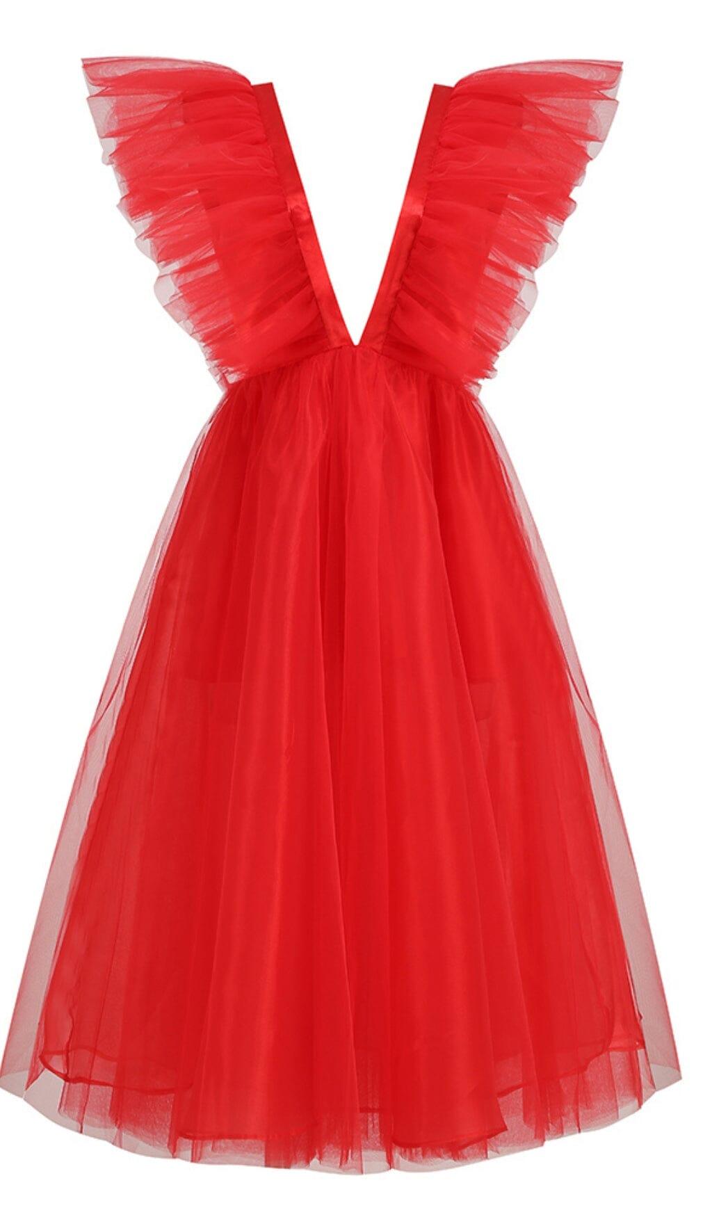FEATHER V-NECK NET MIDI DRESS IN  MAHOGANY