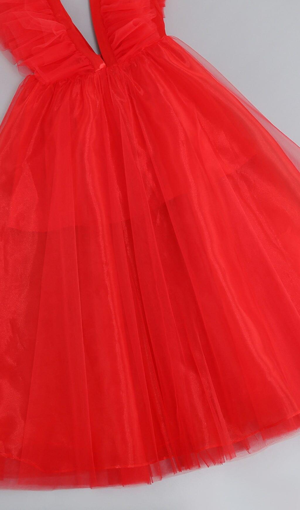 FEATHER V-NECK NET MIDI DRESS IN  MAHOGANY
