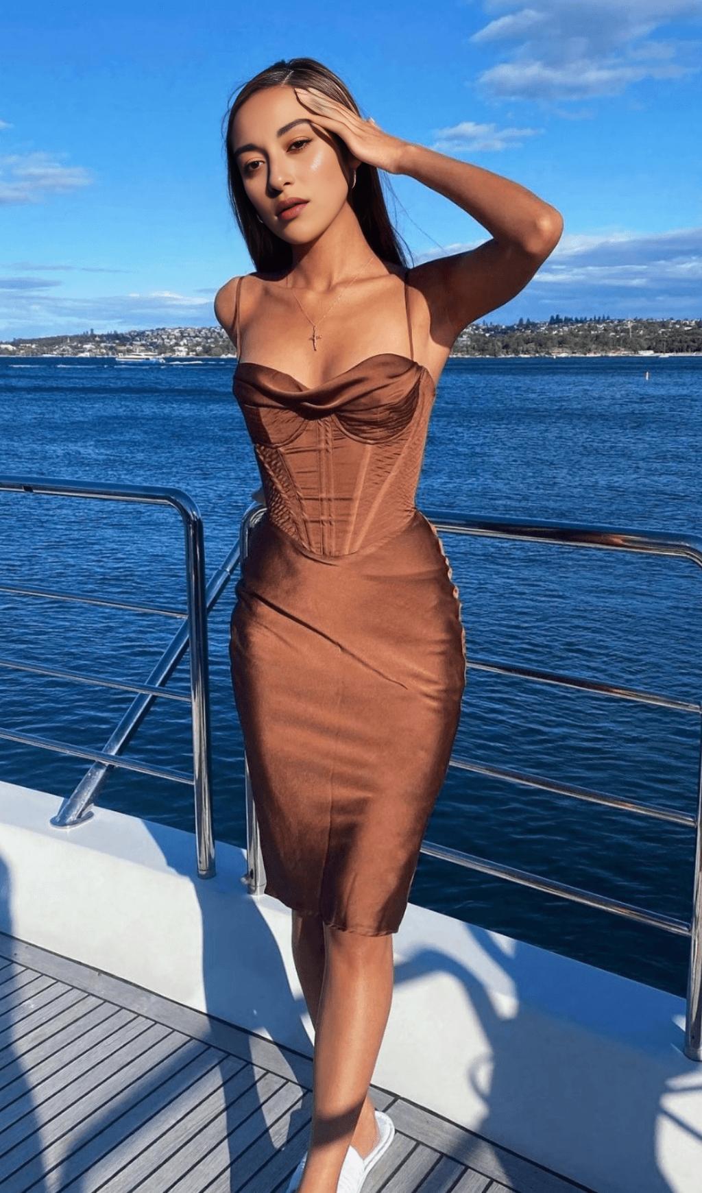 CHOCOLATE SATIN CORSET SLIP DRESS