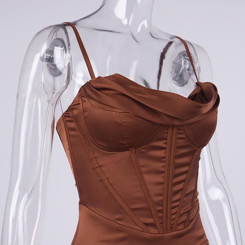 CHOCOLATE SATIN CORSET SLIP DRESS