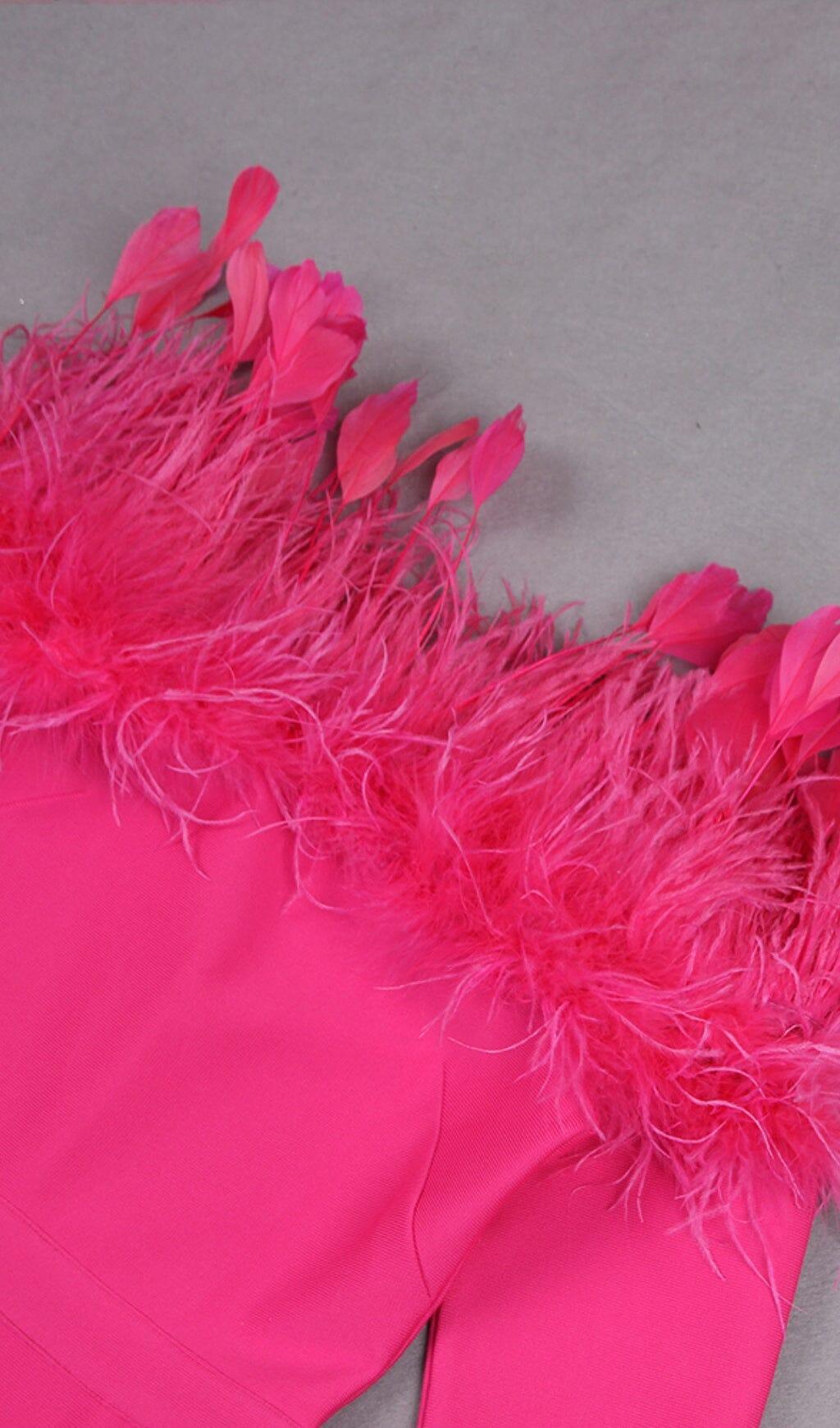 FEATHER TRIM MIDI DRESS IN CRIMSON
