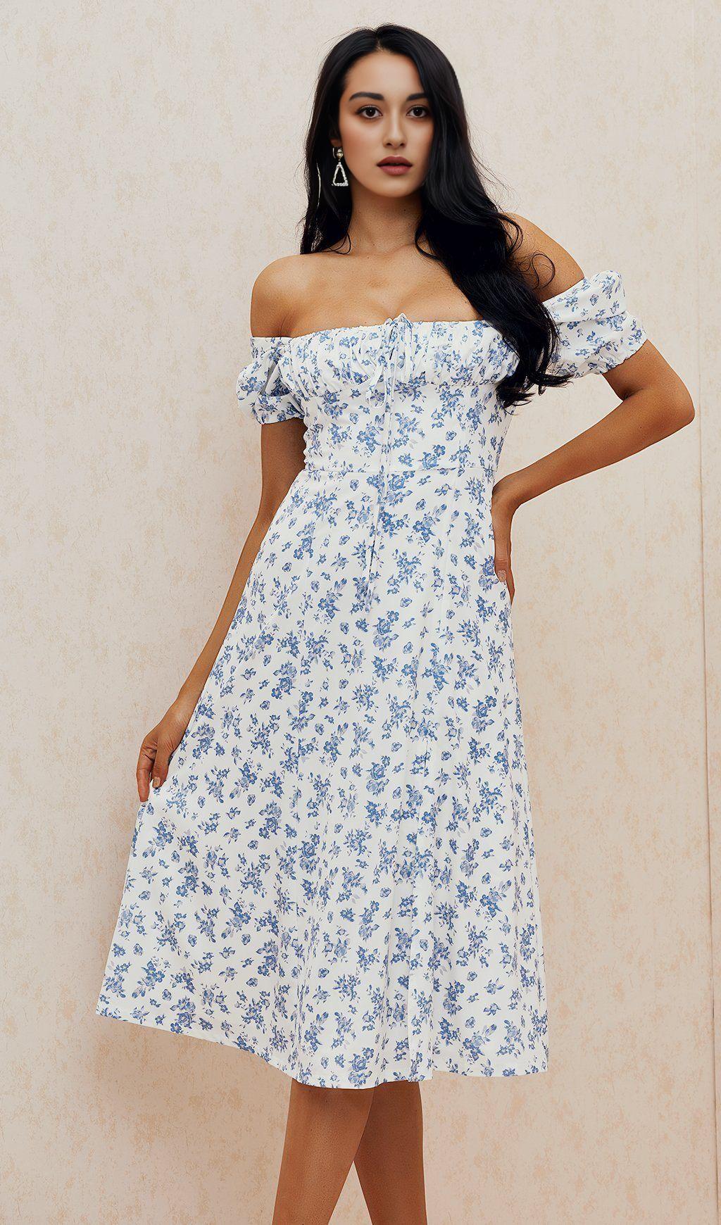 BLUE WHITE FLORAL MIDI DRESS