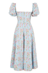 BLUE VINTAGE FLORAL PUFF SLEEVE MIDI DRESS