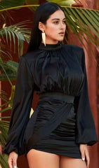 BLACK HEAVY SATIN HIGH NECKED DRAPED DRESS