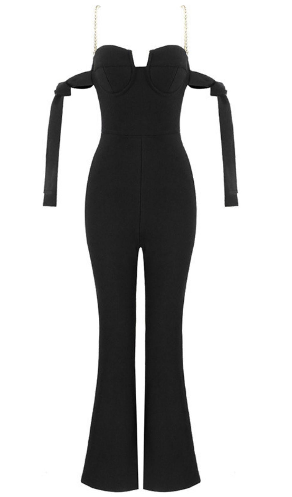 BLACK BANDAGE WAIST CINCHING JUMPSUIT