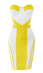 YELLOW AND WHITE STICHING BANDAGE DRESS