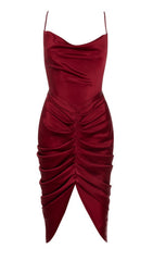 WINE SATIN DRAPED CORSET DRESS