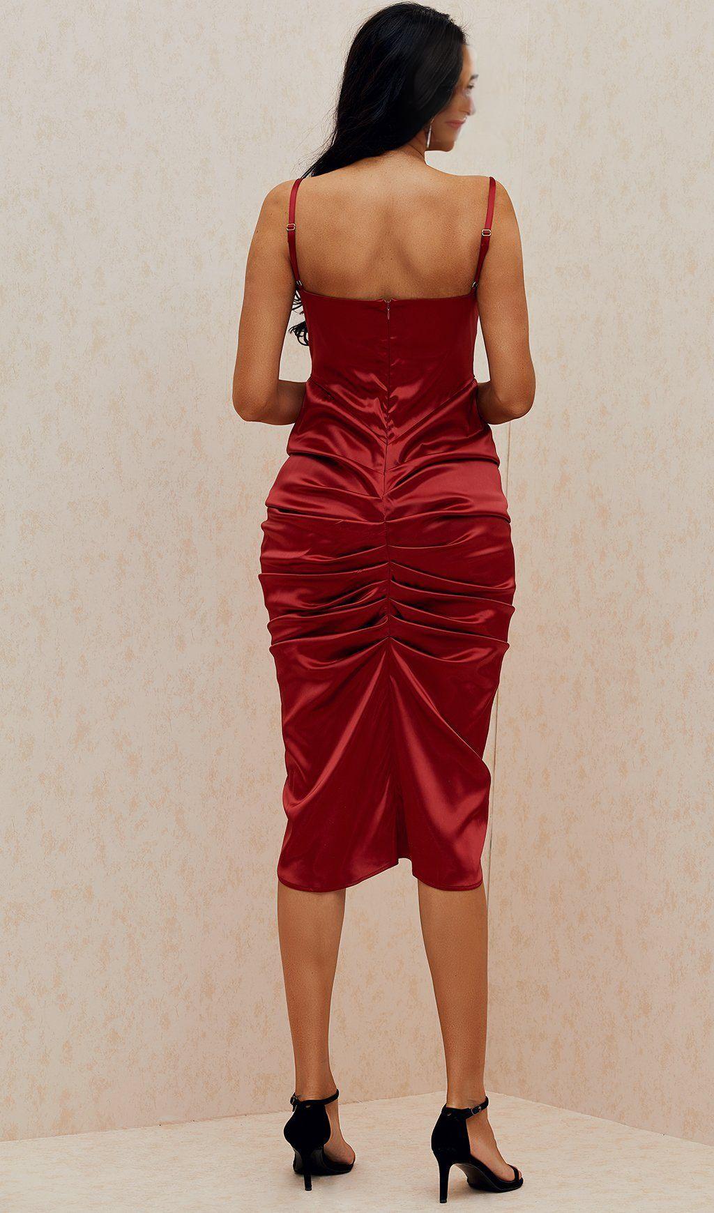 WINE SATIN DRAPED CORSET DRESS