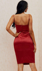 WINE SATIN CORSET MIDI DRESS