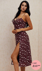 WINE FLORAL BUSTIER MIDI DRESS