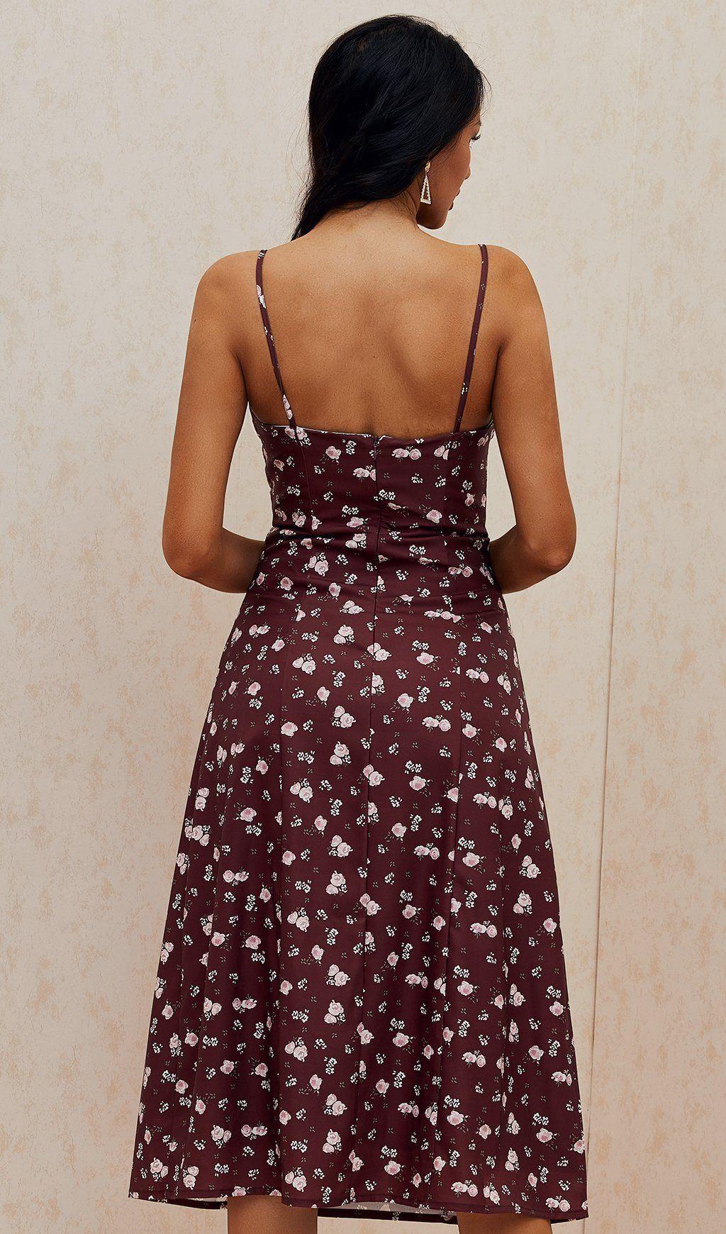 WINE FLORAL BUSTIER MIDI DRESS