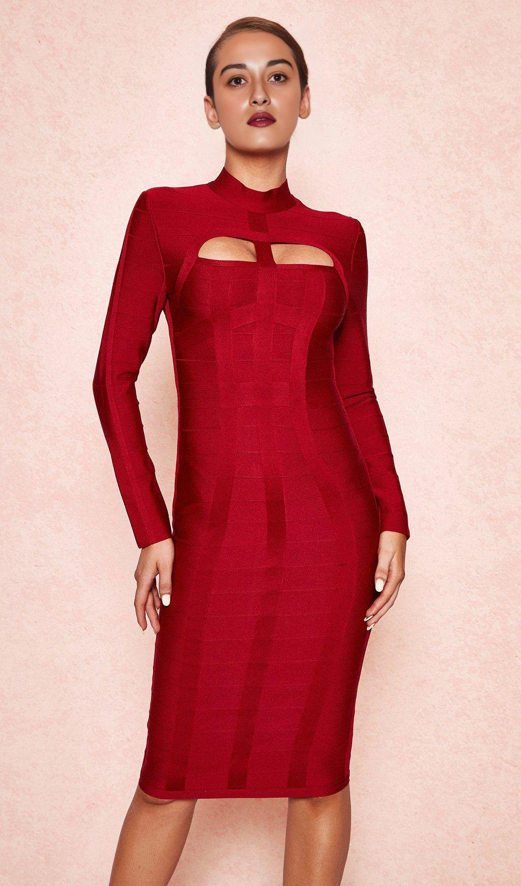 WINE CUT OUT LONG SLEEVE BANDAGE DRESS