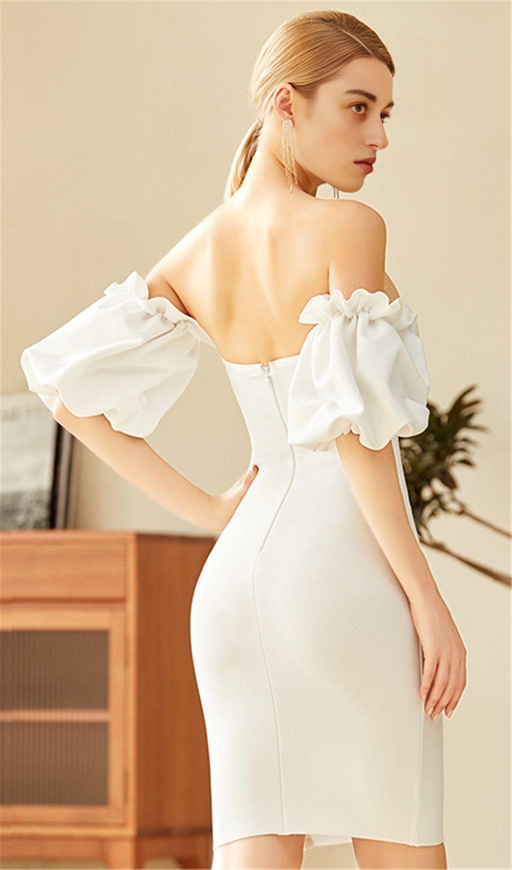 WHITE SLEEVE MIDI BANDAGE DRESS