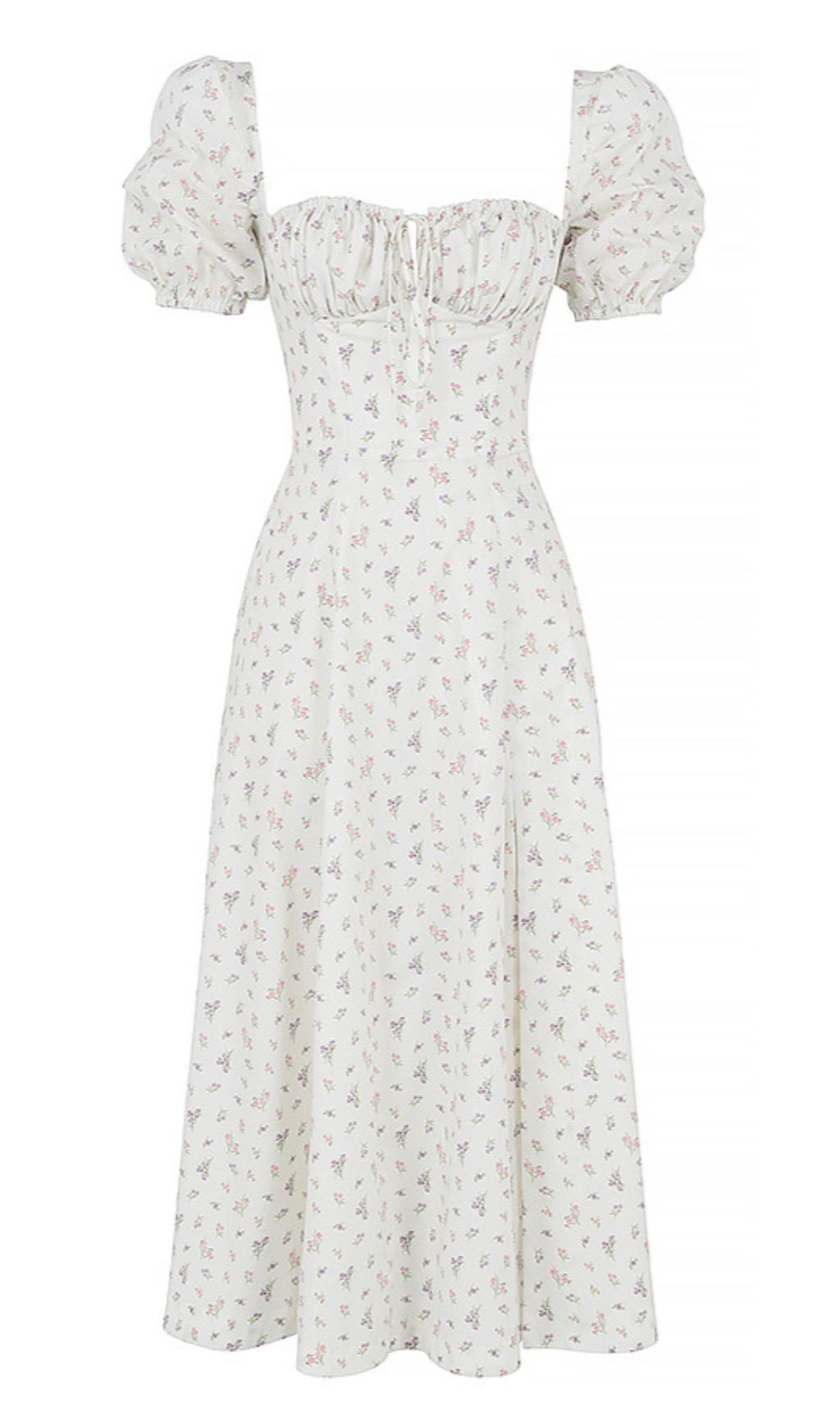 WHITE FLORAL PUFF SLEEVE MIDI DRESS