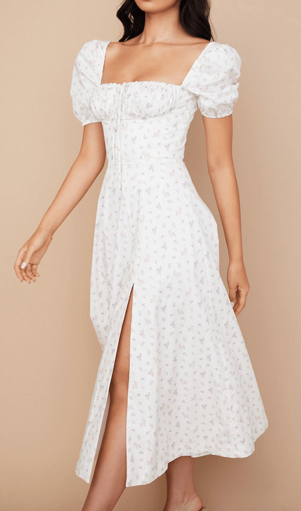 WHITE FLORAL PUFF SLEEVE MIDI DRESS