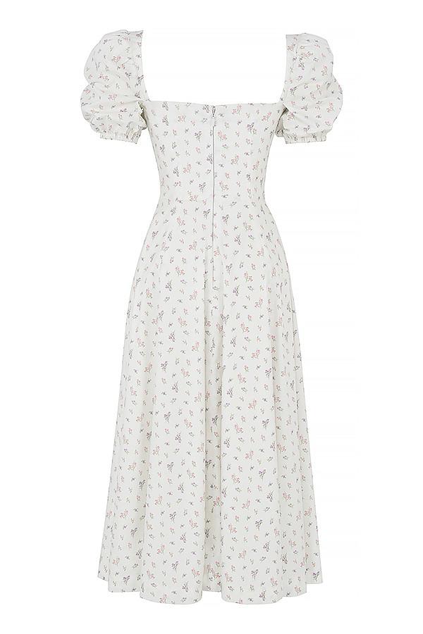 WHITE FLORAL PUFF SLEEVE MIDI DRESS