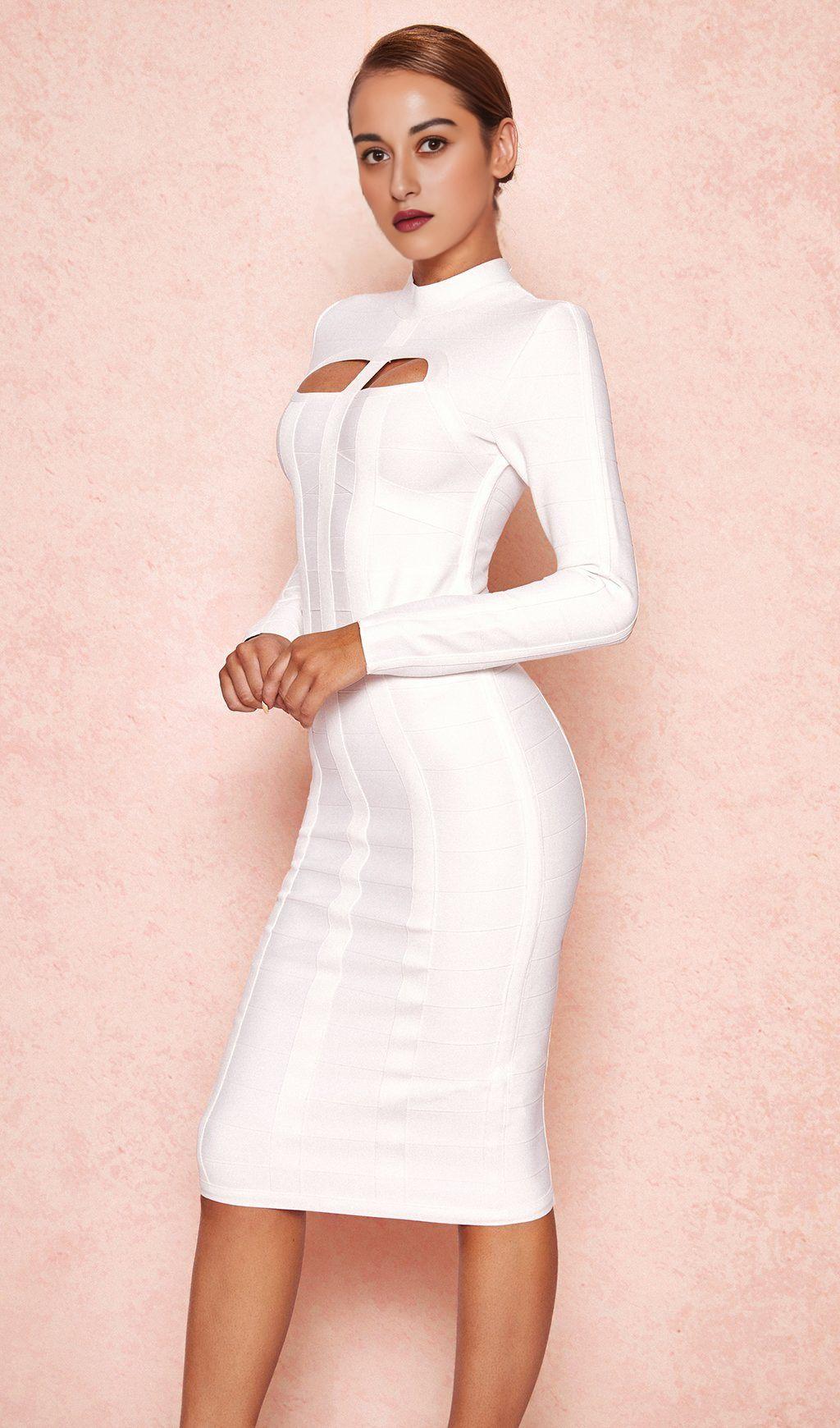 WHITE CUT OUT LONG SLEEVE BANDAGE DRESS